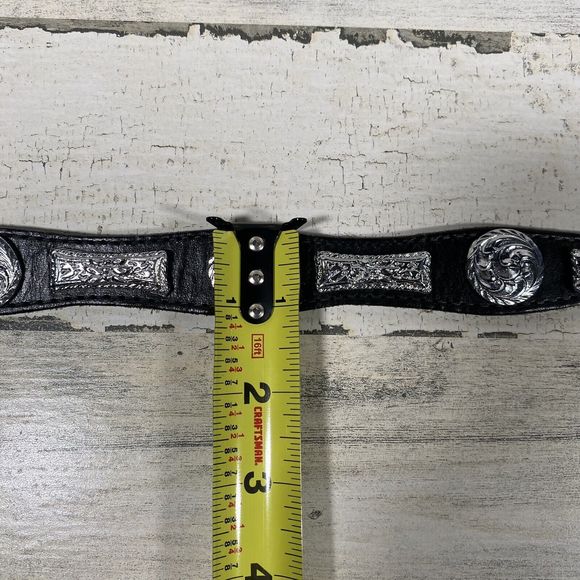 Don Cuco's Boots Black Leather Belt Rodeo Belt Silver Metal Emblems Accents - Picture 8 of 9
